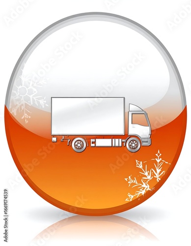 A glossy orange circle icon depicts a delivery truck amidst snowflakes, suggesting cold-chain transportation