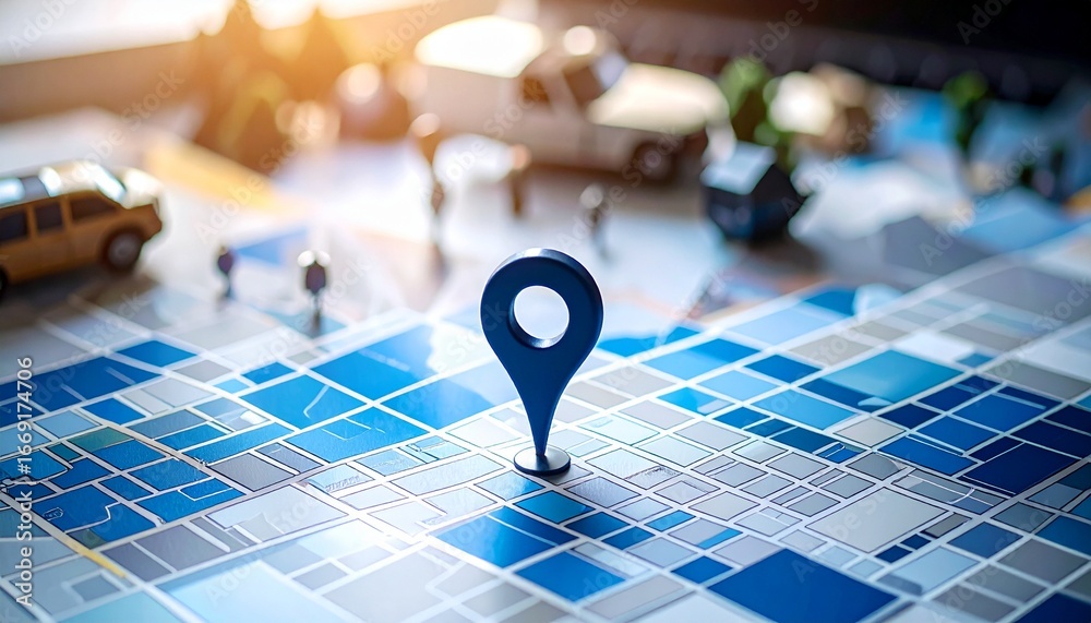 Fototapeta premium Strategic local business positioning with a map pin for regional SEO and supply chain logistics