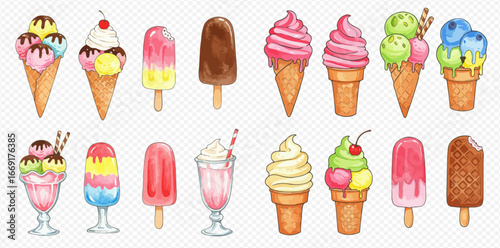 A colorful watercolor collection of various ice cream desserts, including cones, popsicles, sundaes, and a milkshake.