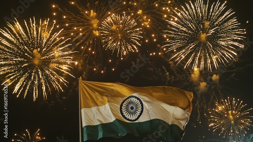 Indian flag waving proudly with bright fireworks in the night sky during a celebration.