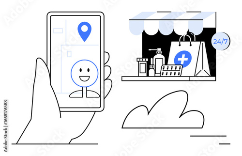 Hand holding smartphone with navigation pin pointing to pharmacy counter stocked with medicine bags, pills, and bottles. Ideal for healthcare, delivery, e-commerce, navigation, online shopping