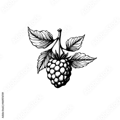 A meticulously etched illustration of a ripe raspberry exhibiting intricate detail and organic