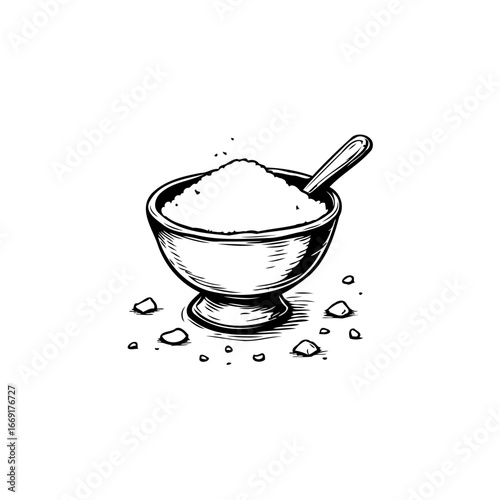 A meticulously illustrated vintage bowl filled with a crystalline substance and a spoon rests on