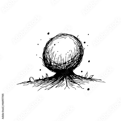Abstract drawing of a sphere with intricate line work representing a metaphorical world with roots