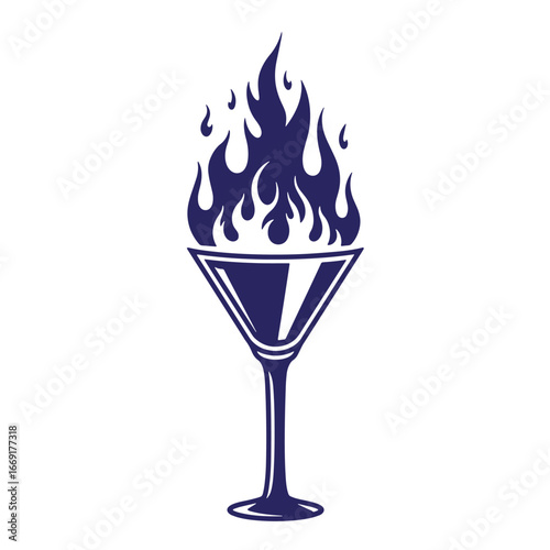 A flaming martini glass illustration depicting a hot cocktail drink design for bar advertising