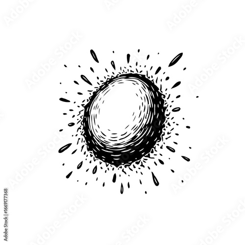 Abstract sketched dark orb exploding with specks emitting from its surface creating dynamic burst
