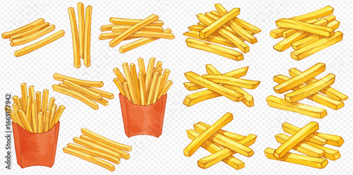 Collection of crispy golden french fries in various arrangements, some in red containers.