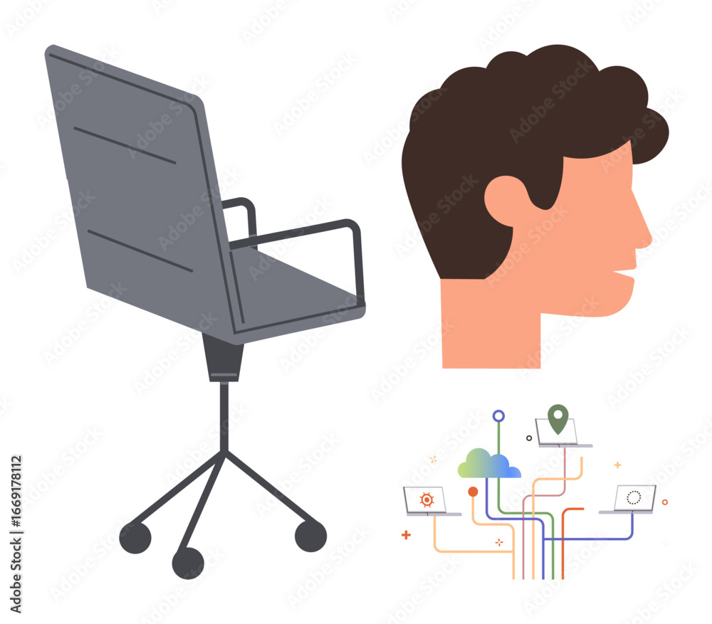 Fototapeta premium Office chair, human head profile, and interconnected digital elements representing innovation, business solutions, technology, teamwork, remote work, brainstorming, and creative problem-solving