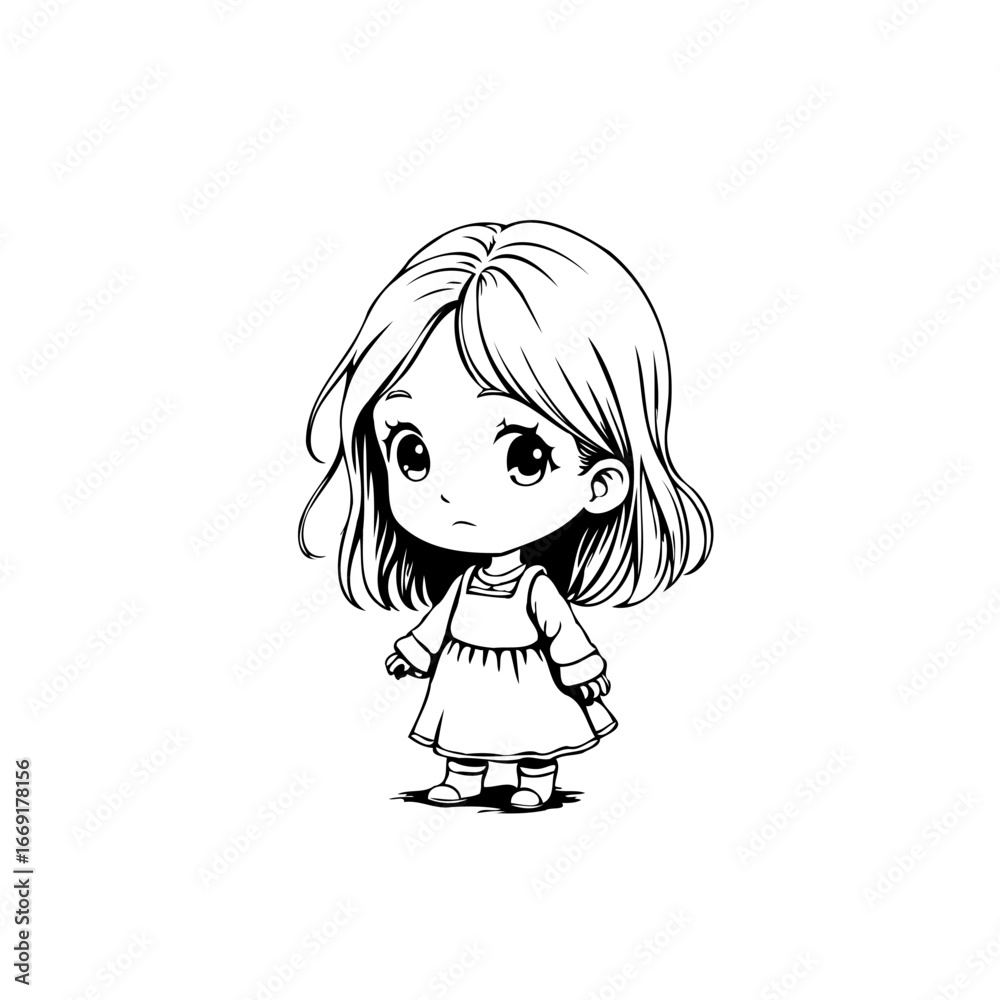 Fototapeta premium Charming simplistic chibi illustration of a young girl with emotive eyes creating a sweet and
