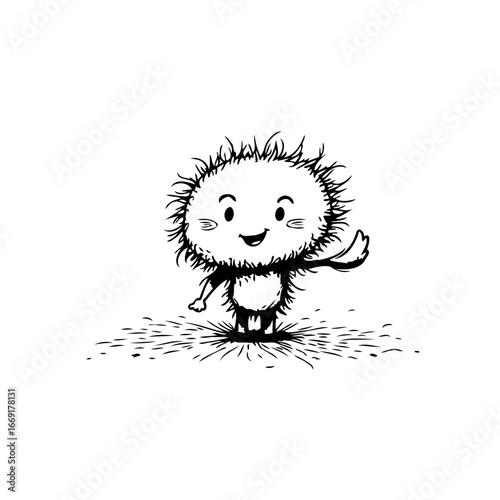 Charming fuzzy character waving cheerfully a whimsical illustration with playful innocence and