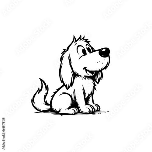 Charming monochrome illustration of a happy cartoon puppy with expressive eyes and textured fur