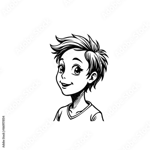 Charming monochrome portrait depicting a young boy's cheerful disposition with stylized hair in