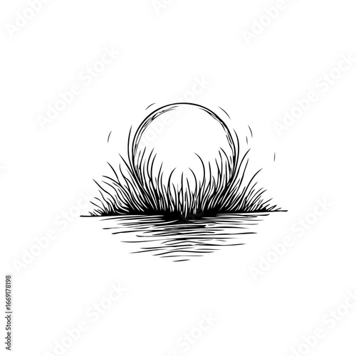 Circular impression over elongated grass with dark reflection in sketched style illustration