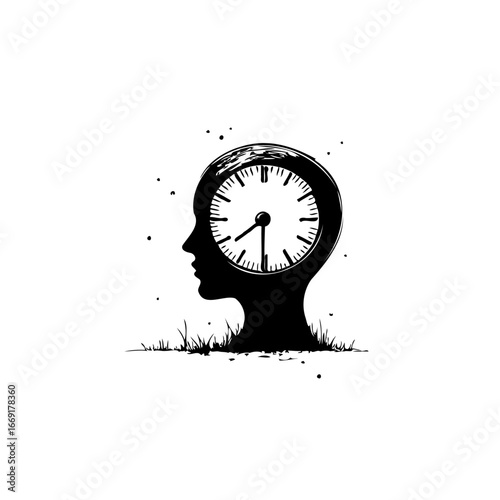 Conceptualization representing inner chronometry silhouette depiction of thinking focused on