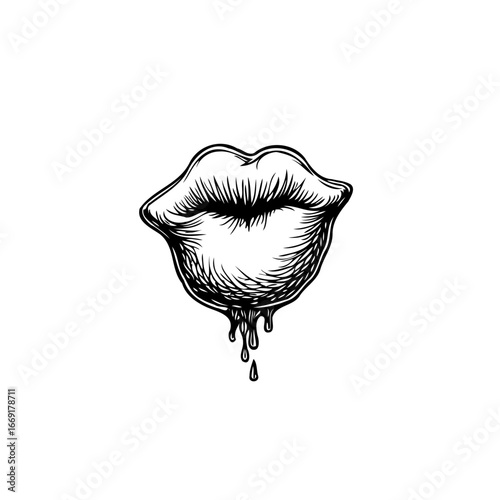 Detailed sketch of plump lips with drips conveying a sense of sensuality and artistic expression