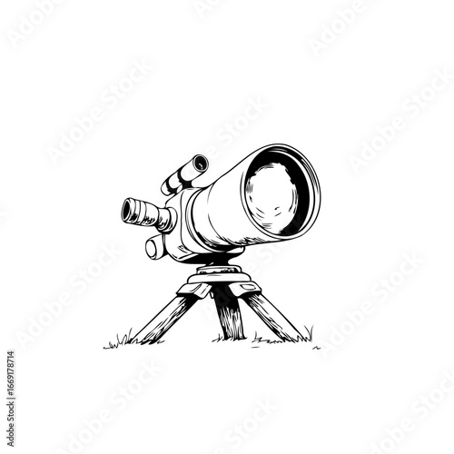 Detailed sketch of a telescope pointing toward the cosmos providing astronomical observation and
