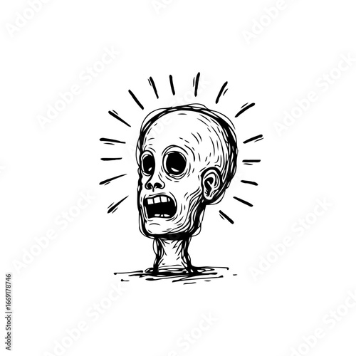 Distorted expression of fright: A graphic depiction of horror in stark black and white evoking