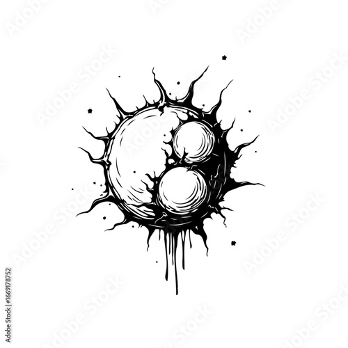 Distorted celestial sphere with dripping ink effect presenting a bizarre outer space entity of