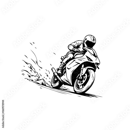 Dynamic motorcycle rider speeding downhill with abstract trail in monochrome illustration