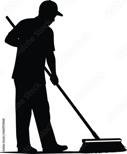 Sweeper Worker Silhouette Vector, Street Cleaning Man with Broom Illustration