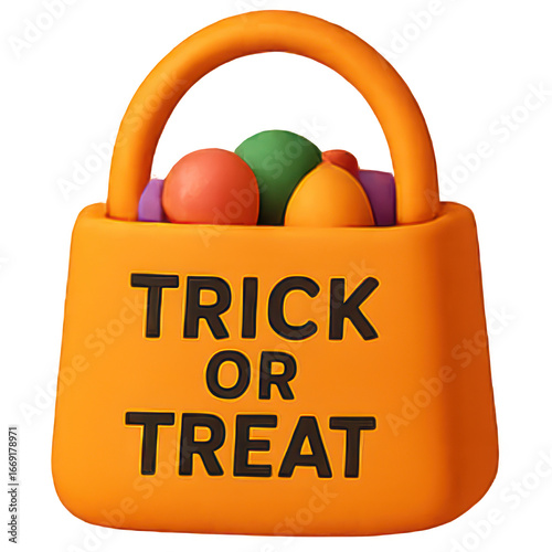 3D Trick or Treat Bag Halloween Candy Icon in Cute Cartoon Style
