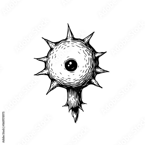 Eerie singular eyeball illustration with thorns evokes a surreal and unsettling visual experience