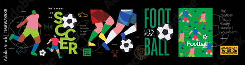 Football and soccer. Vector abstract illustration of soccer game on stadium, match day, sportsman, tournament, event and player for icons, poster, cover, background or banner