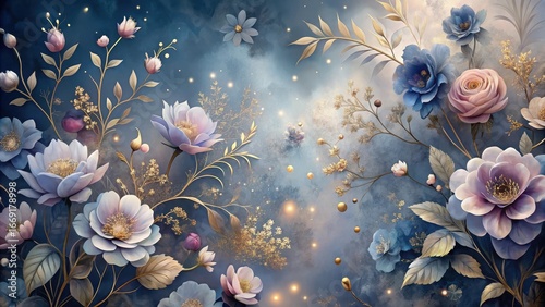 Enchanted Garden A Serene Tapestry of Delicate Blooms and Golden Accents on a Deep Blue Background