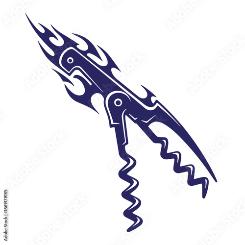 Artistic dark blue corkscrew illustration on white background showing detail and texture