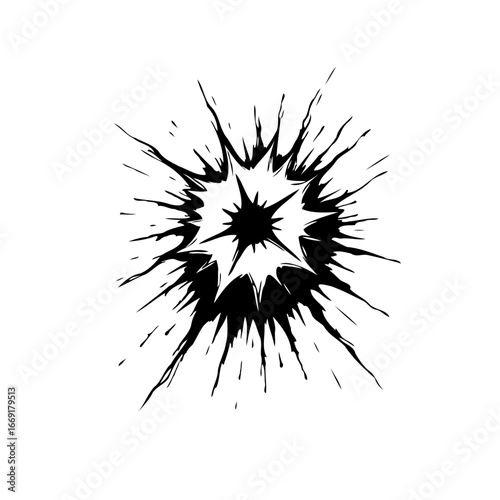 Exploding ink blot abstract design with jagged edges radiating outwards for artistic concepts and