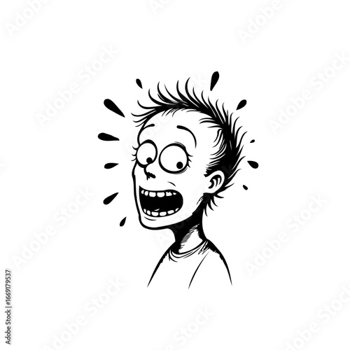 Expressive caricature portraying sudden surprise with wide eyes open mouth and spiked hair conveys