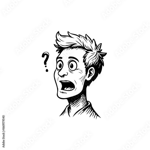 Expressive cartoon character with wide eyes and an open mouth conveying confusion and curiosity
