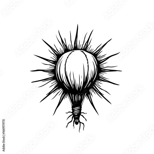 Fantastical airship with radiant spiky halo floating upwards in black and white linework