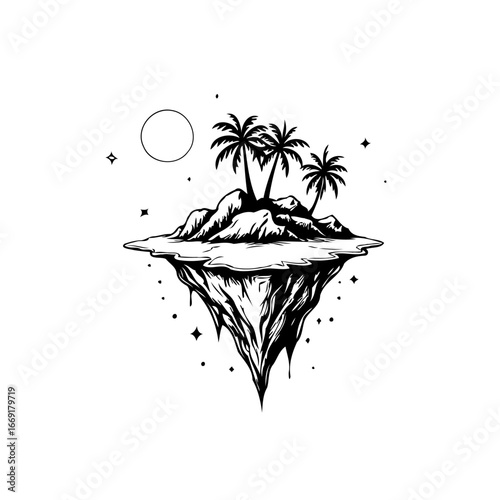 Floating tropical island with palm trees set against a celestial backdrop evokes feelings of fantasy