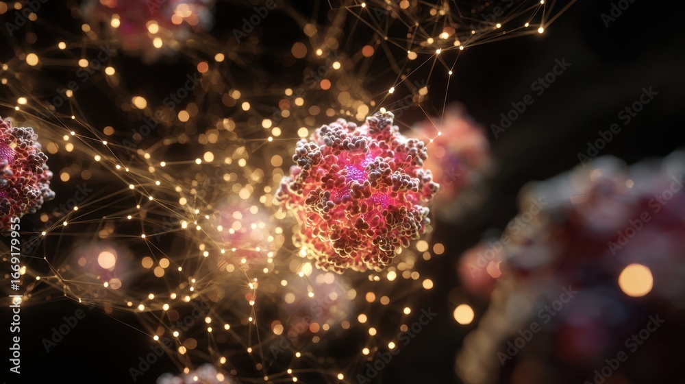 Fototapeta premium Artistic representation of antibodies cloaking a virus in a radiant mesh emphasizing immune defense mechanisms with glowing particle effects.