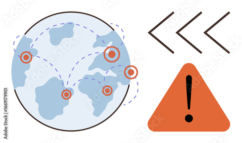 World map with marked connection points, dashed paths, alert triangle, arrows. Ideal for communication, globalization, risk management, warning systems, network security data flow supply chain