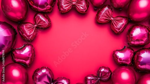 Festive Pink Balloons and Bows Frame Red Background