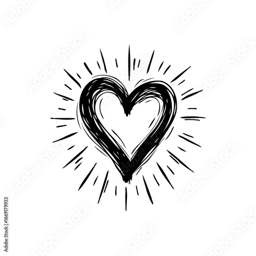 Hand drawn heart with radial lines representing love symbol with simple black artwork and sketched