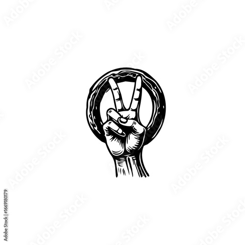 Hand gesture creating a victory sign against a circular background offers a symbolic