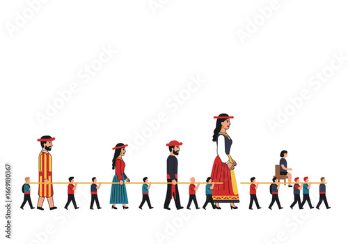 Traditional Procession of People in Colorful Clothing.