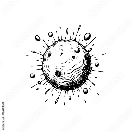 Illustration of a celestial body with craters emitting radiation in simple black and white ink