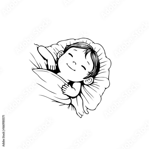Illustration of a peacefully sleeping baby cradled in floral bedding evoking innocence and