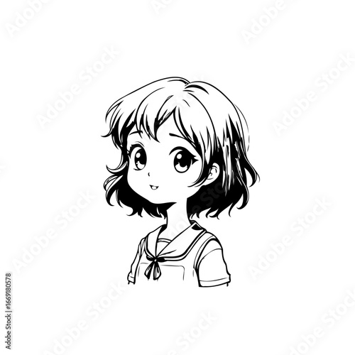 Illustration of a cute manga style schoolgirl with expressive eyes and stylized features in black