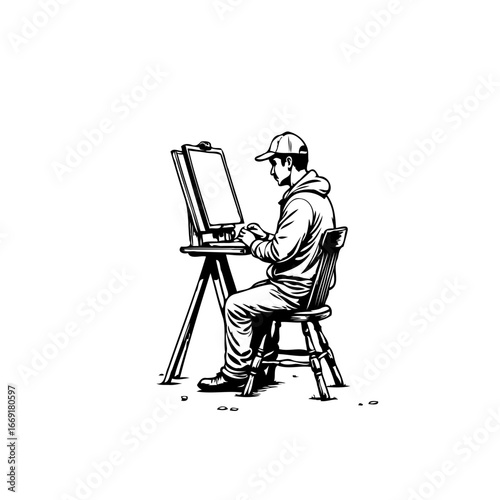 Illustration of a male artist sketching on a digital tablet easel with focused posture and