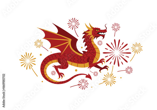 Festive Red Dragon with Fireworks.