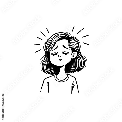 Illustrative depiction of a young woman expressing sadness and introspection using stylized
