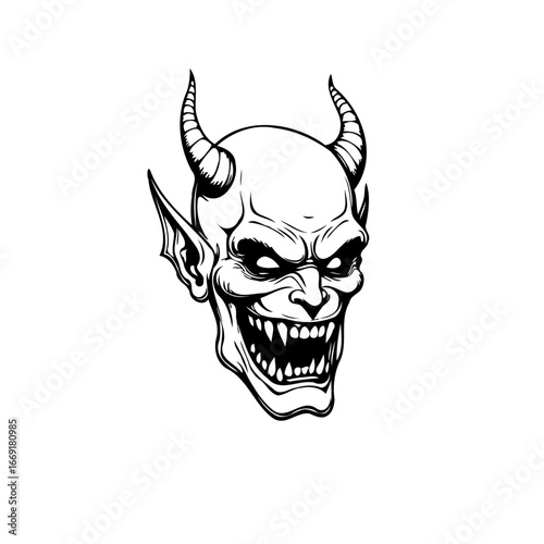 Intense monochrome representation unveils the menacing visage of a horned demonic entity in stark