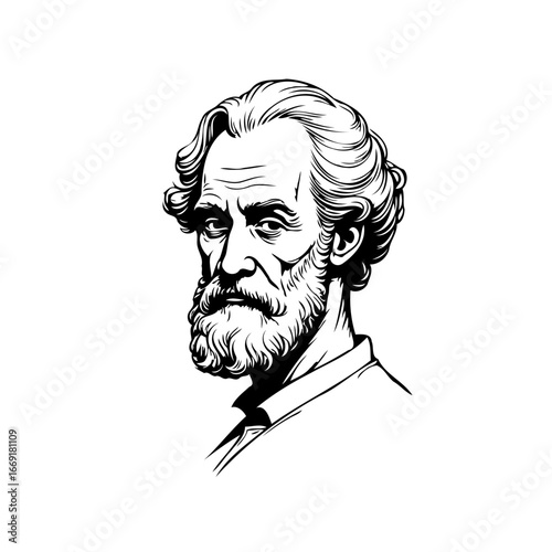 Intricate linework portrait of thoughtful mature man showcasing facial details and hair volume