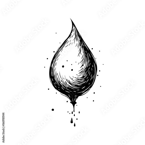 Intricate monochrome artwork showing a stylized water droplet with textured patterns and
