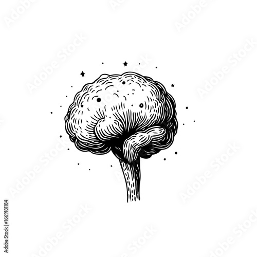 Intricate representation of the human brain surrounded by cosmic particles exploring intelligence